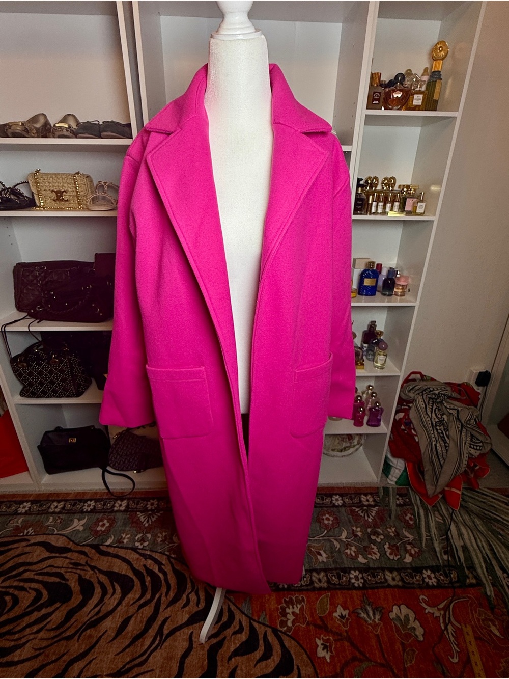 Vibrant Hot Pink Long Wool Like Fabric Trench Coat - Women Jackets & Coats